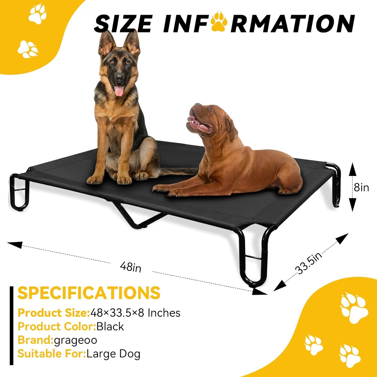 Cooling Outdoor Elevated Dog Bed: Raised Cot for Large Dogs up to 85 Lbs, Waterproof, Black