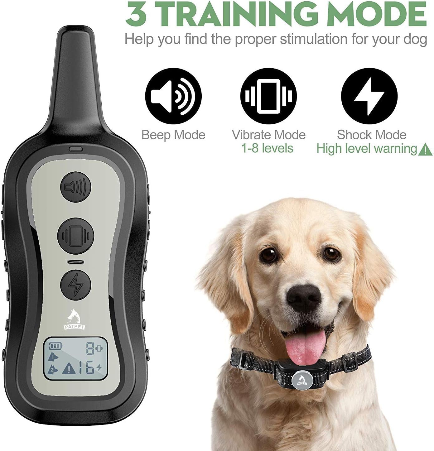 PATPET Dog Training Collar with Remote, Beep/Vibration/Shock, 1000 Ft Range, Rainproof