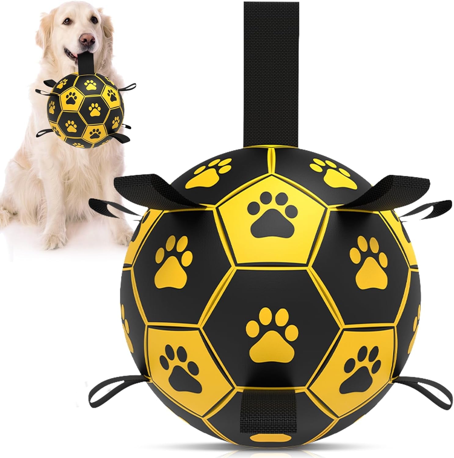 Dog Soccer Ball with Tug Straps, Interactive, Water Toy for Small & Medium Dogs - 6"