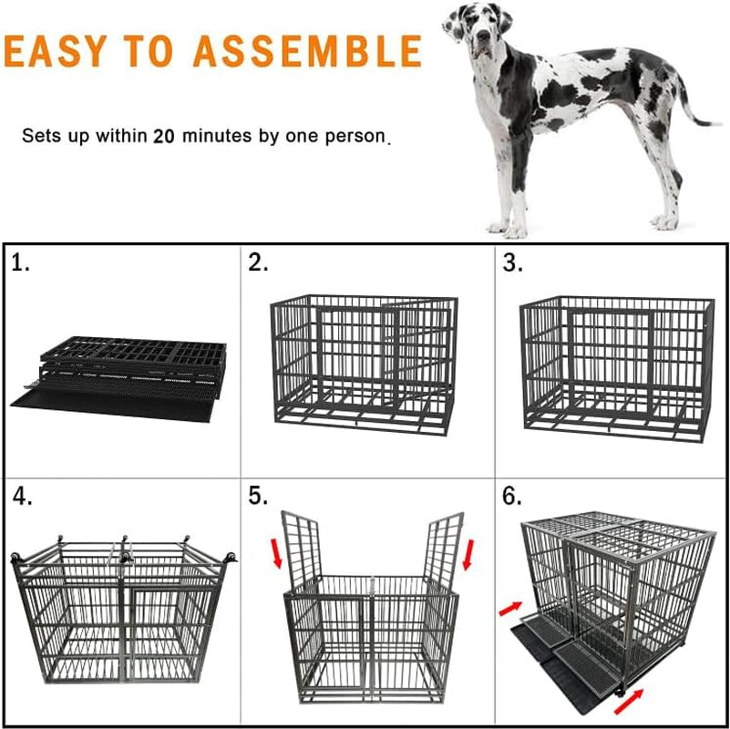 Heavy-Duty Indestructible Dog Crate – Escape-Proof Cage with Removable Trays, Wheels, Double Door, XL Size for Large Dogs