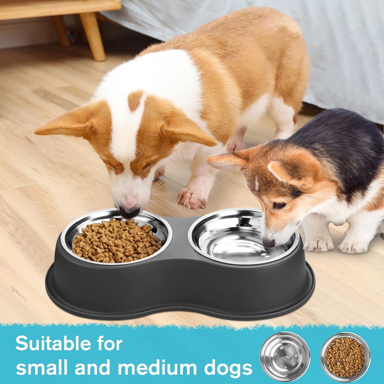 Double Dog Bowls - Stainless Steel, Non-Slip Resin Station, for Puppies, Medium Dogs