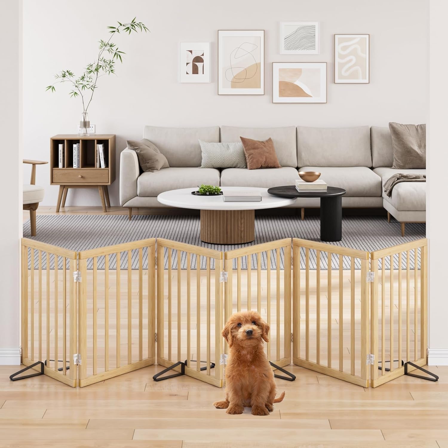 Wooden Foldable Dog Gate, Freestanding Multi-Panel Indoor Pet Gate, Extra Wide 24" Tall Dog Barrier