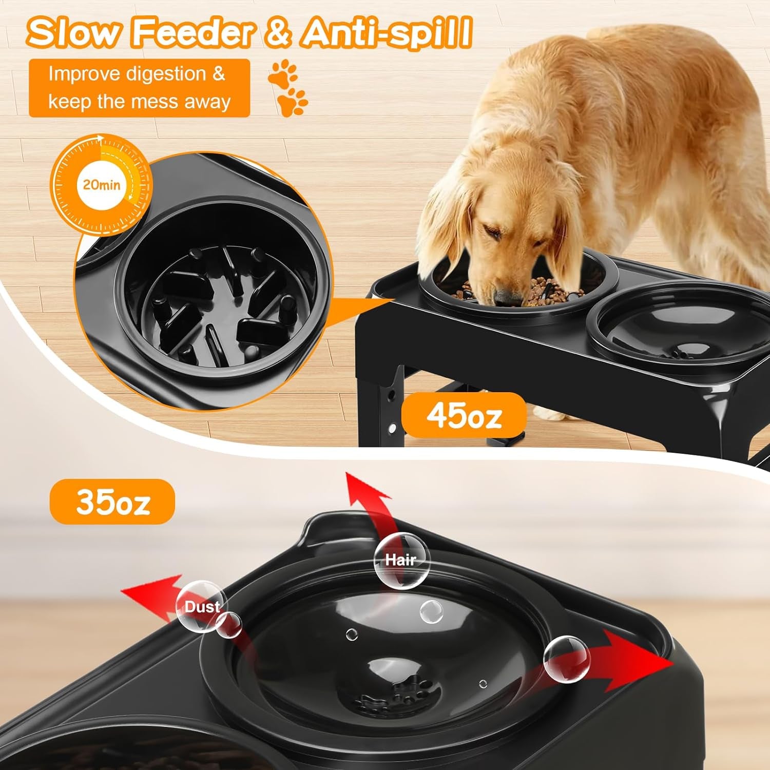 4-Height Adjustable Elevated Dog Feeder: 2-in-1 Slow Feeder & Water Bowl, Anti-Dust, Black