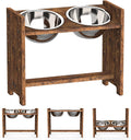 Vantic Adjustable Elevated Dog Bowls - Rustic Brown Particle Board Stand with 2 Stainless Steel Bowls & Non-Slip Feet,