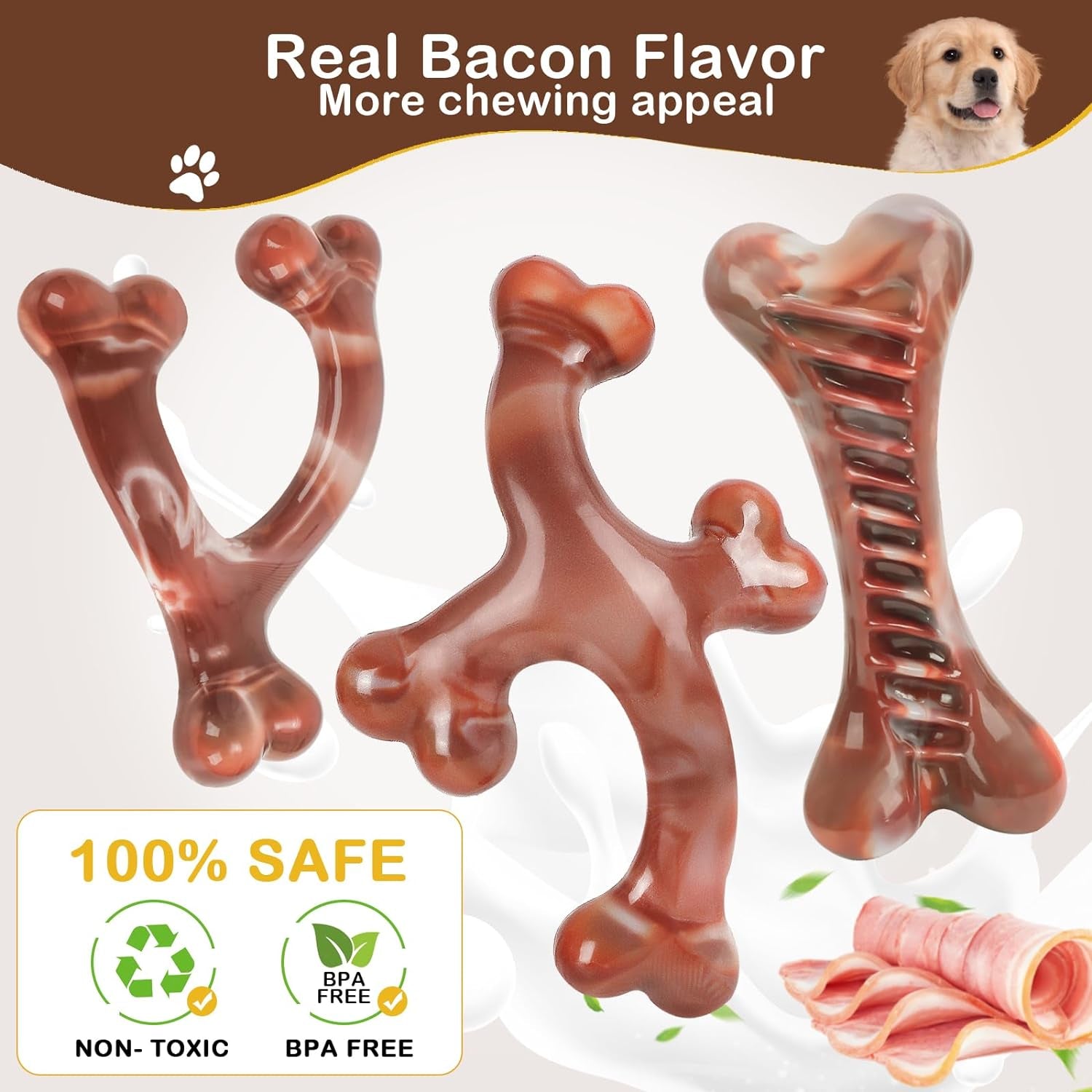 NOUGAT Indestructible Dog Chew Toys 3-Pack: Tough Nylon, Bacon Flavor, for All Sizes