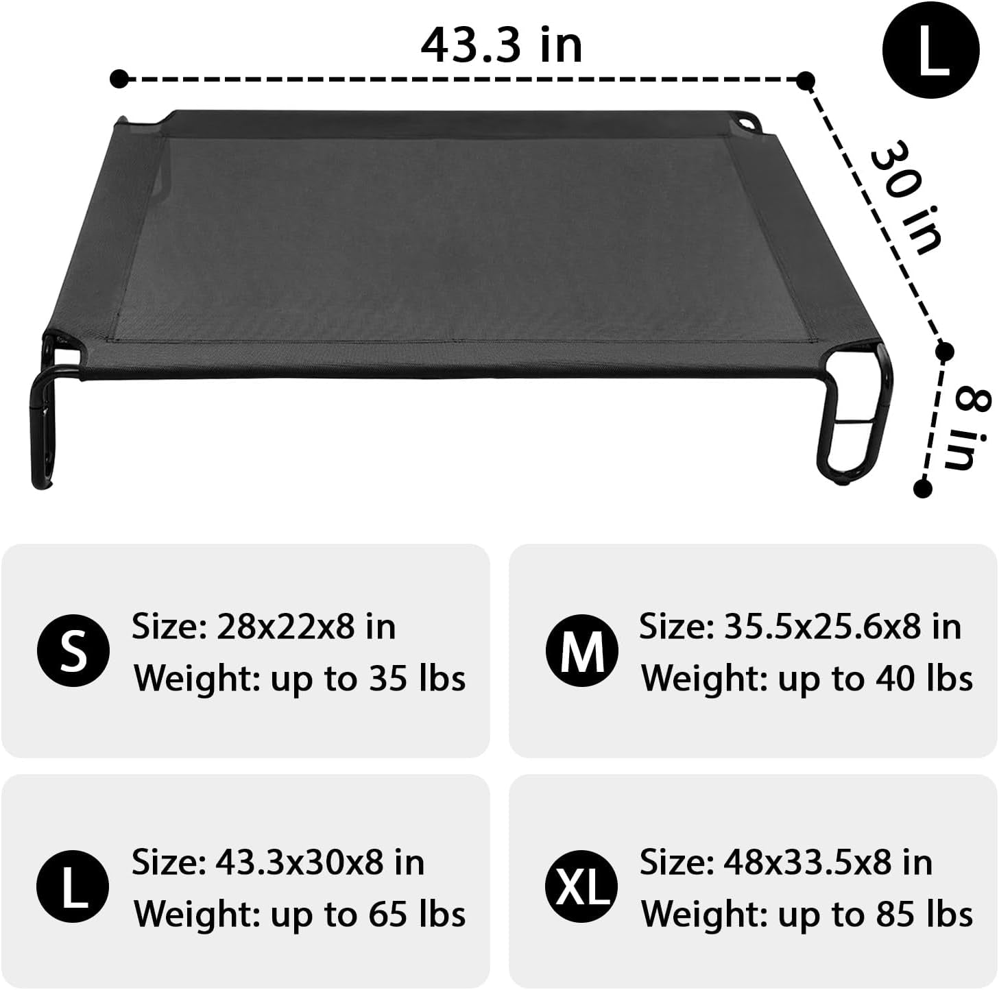 Elevated Outdoor Dog Bed, Raised, Waterproof, Breathable Teslin Mesh, Non-Slip, Up to 65lbs