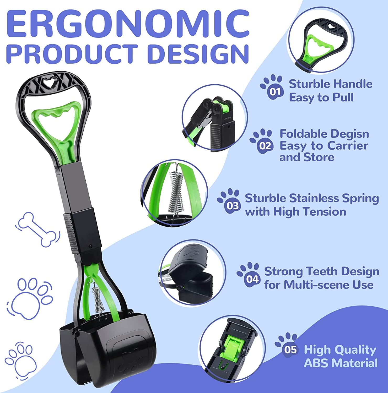 Foldable Pooper Scooper for Dogs, 17.7" Long Handle for One-Handed Use, Lightweight & Portable Poop Scooper