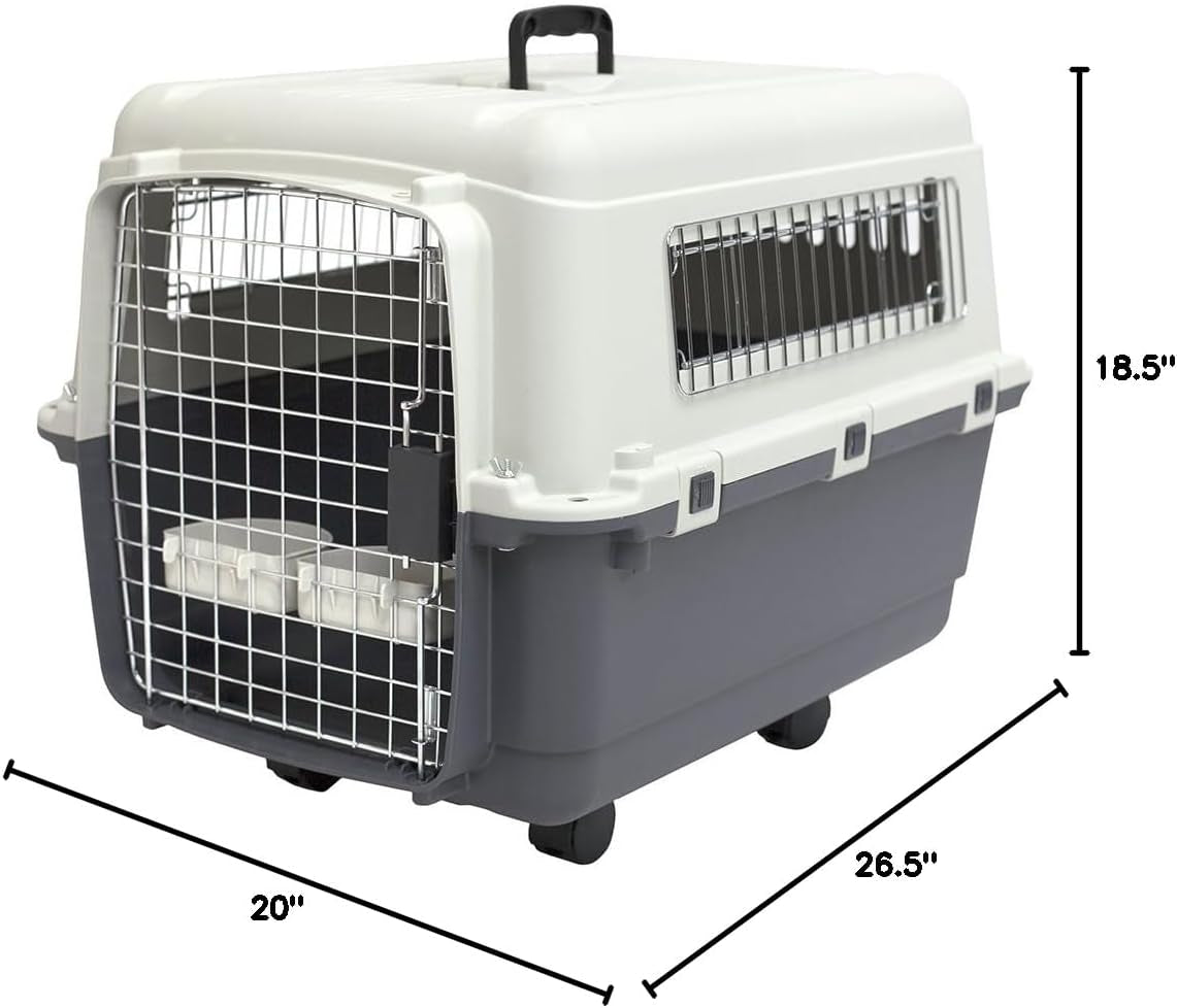 Sportpet Rolling Plastic Travel Dog Crate - Medium Gray Kennel with Wire Door, Portable & Durable, Perfect for Safe Pet Travel