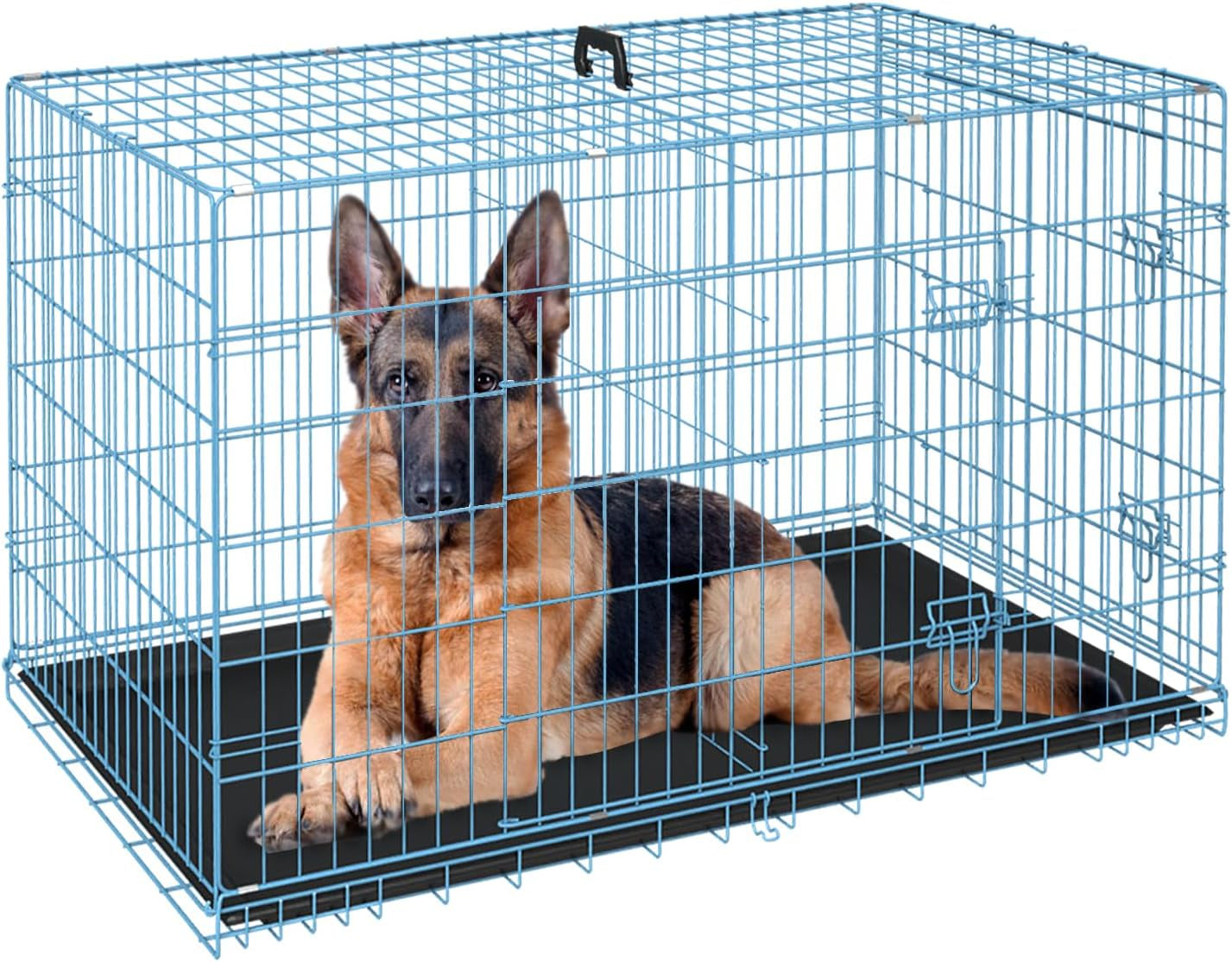 FDW Folding Metal Dog Crate with Double Door, Divider Panel & Leak-Proof Tray - Portable Kennel for Large Dogs,