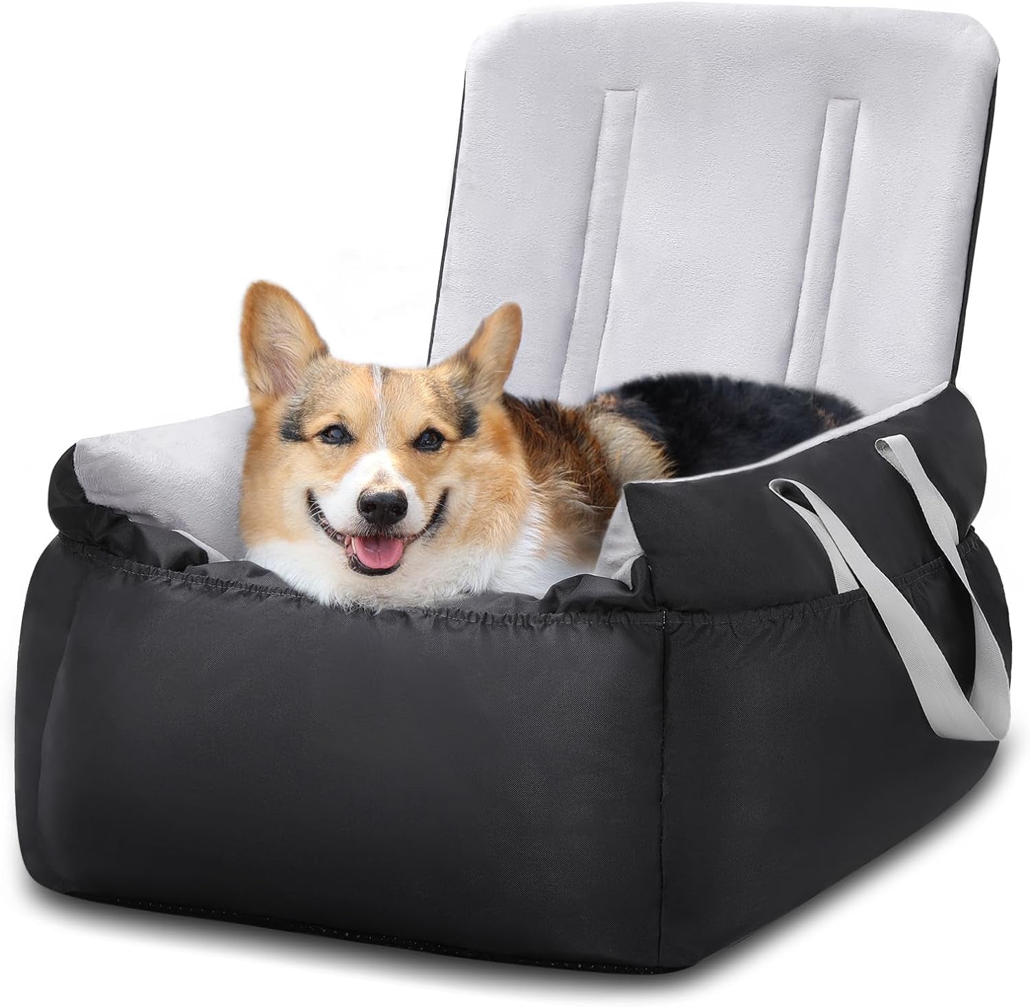 Dog Car Seat - Soft Booster Seat with Storage Pockets, Detachable & Washable Travel Bed, Clip-On Seat Belt