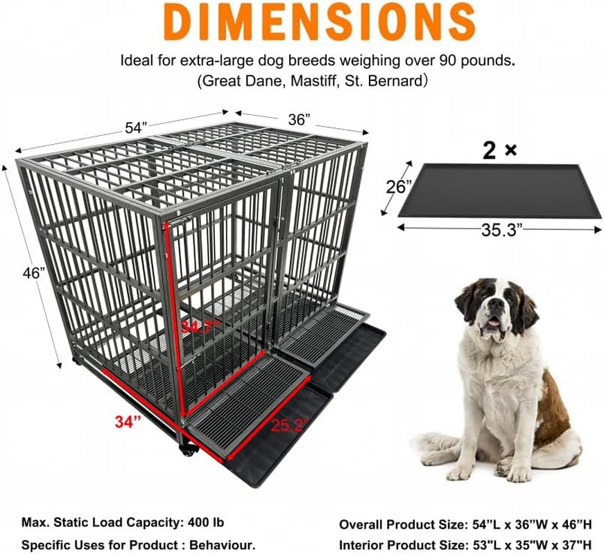 Heavy-Duty Indestructible Dog Crate – Escape-Proof Cage with Removable Trays, Wheels, Double Door, XL Size for Large Dogs