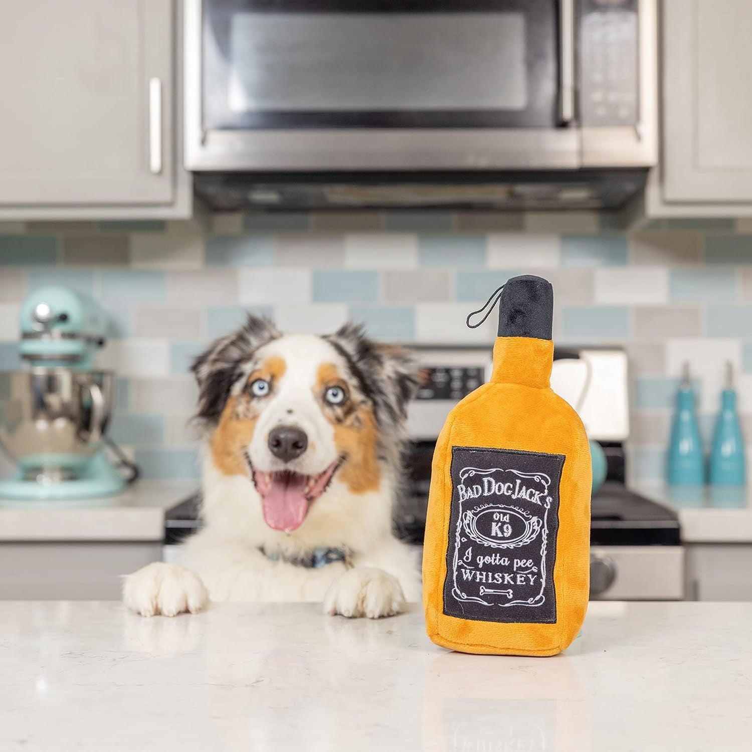 Small Whiskey Bottle Shaped Plush Squeaky Dog Toy, Fun & Durable, Safe with Squeaker for Playtime Fun