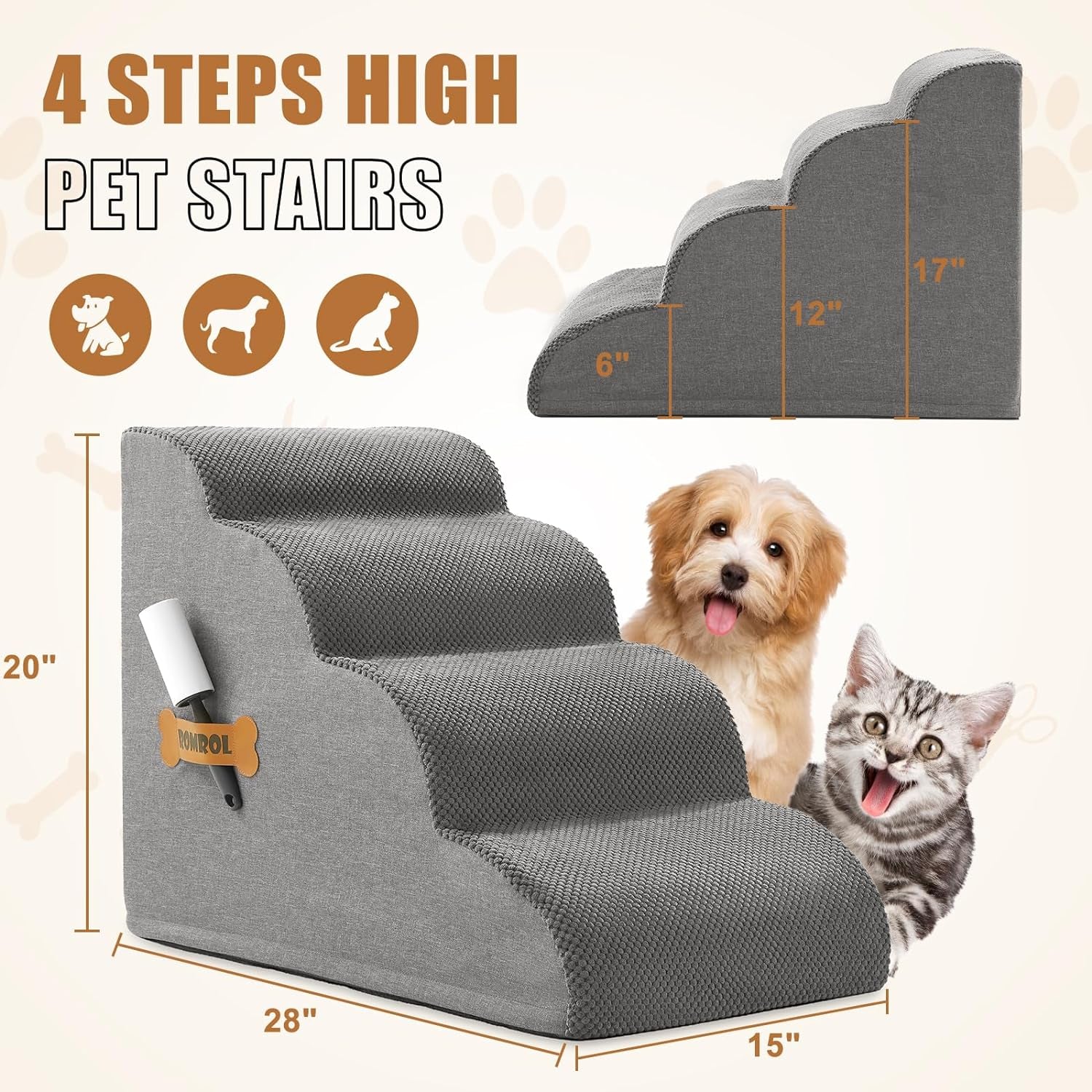 Romrol 4-Tier Dog Stairs: Non-Slip, Waterproof Fabric Cover, Ramp for Pets with Joint Issues, Grey