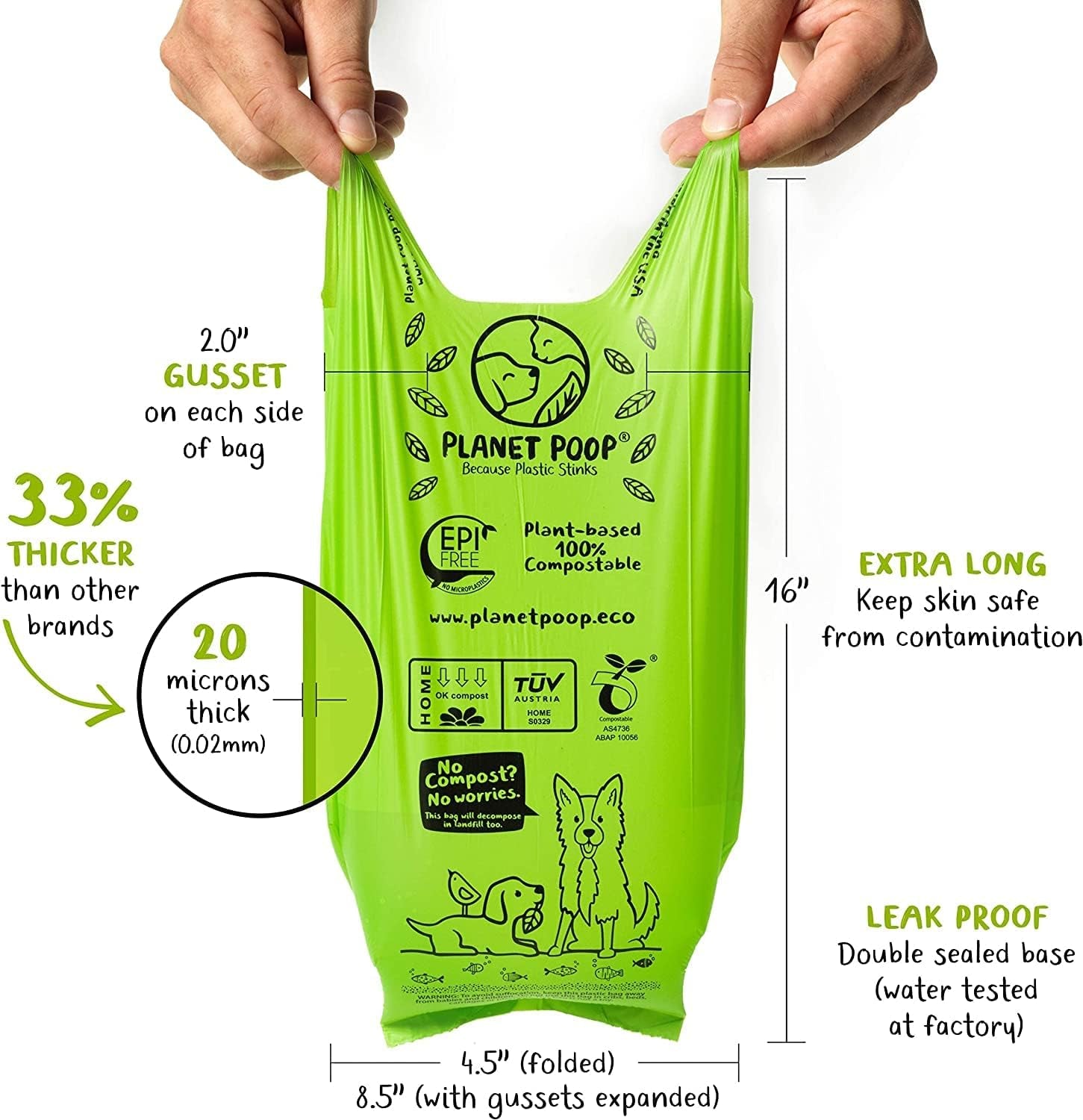 Compostable Dog Poop Bags, Extra Long with Handles, Leakproof & Plastic-Free, Eco-Friendly