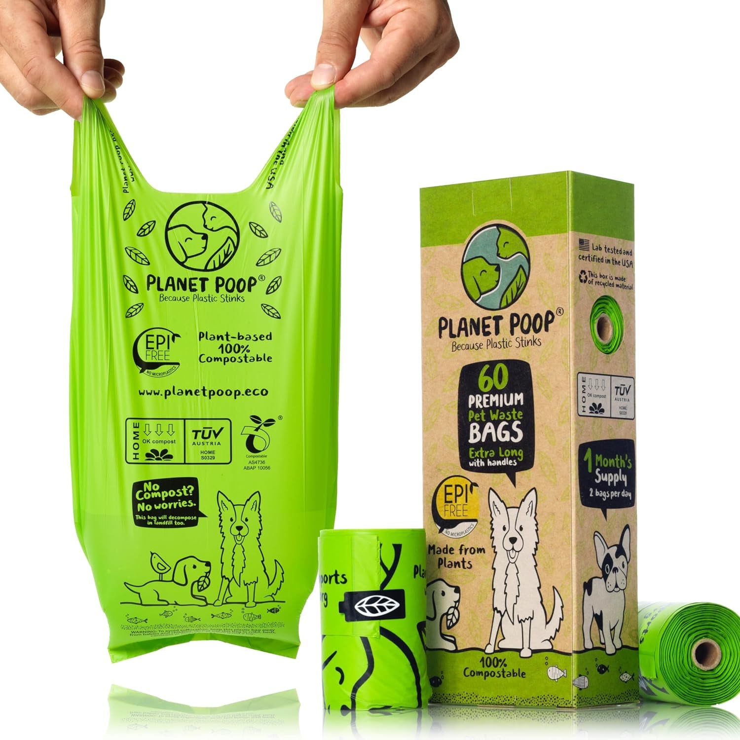 Compostable Dog Poop Bags, Extra Long with Handles, Leakproof & Plastic-Free, Eco-Friendly