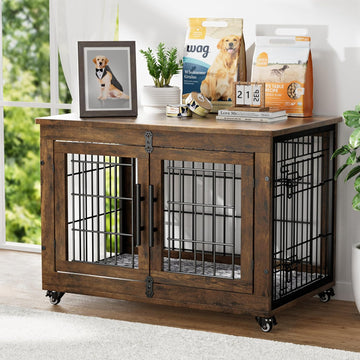 Wooden Dog Crate Furniture with Cushion – Stylish Double-Door Indoor Kennel, Wheeled Side Table for Small-Medium Dogs Up to 45 Lbs