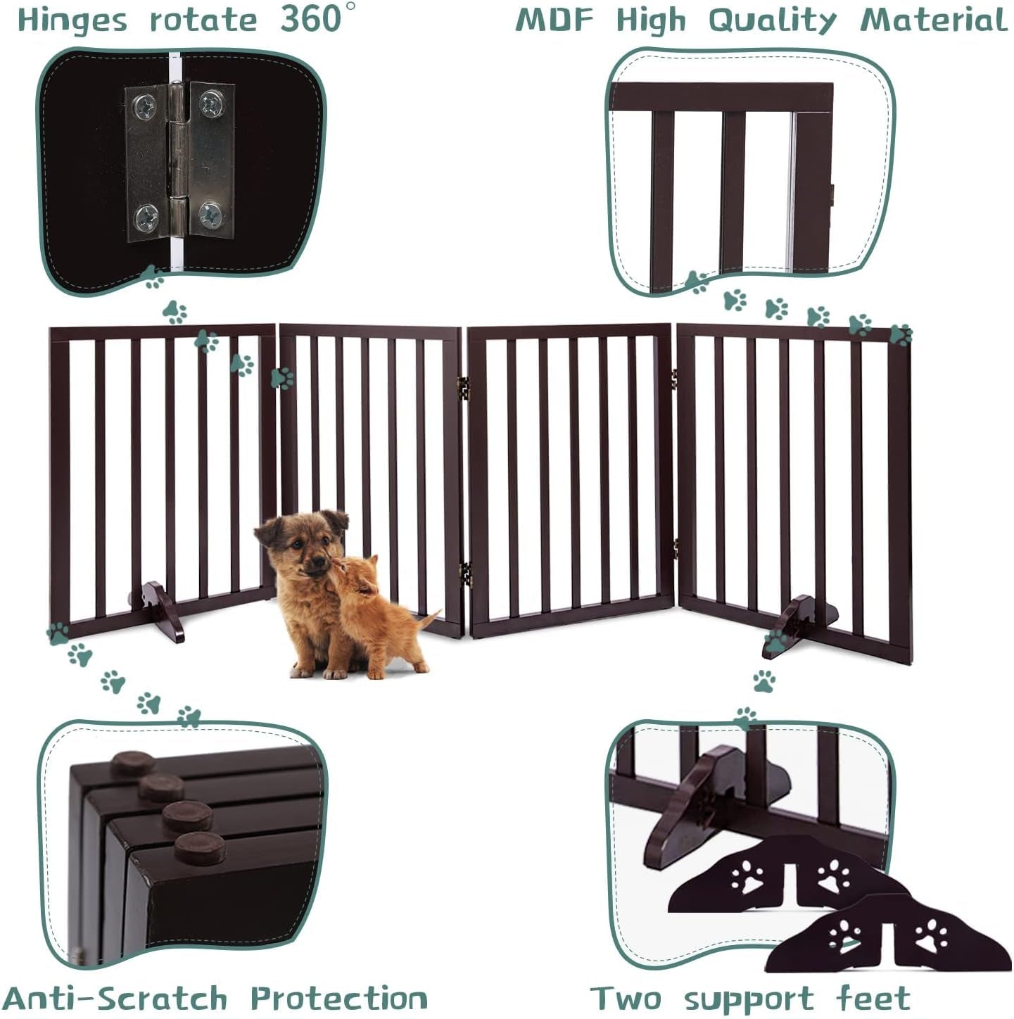 Wooden Foldable Dog Gate, Freestanding Multi-Panel Indoor Pet Gate, Extra Wide 24" Tall Dog Barrier