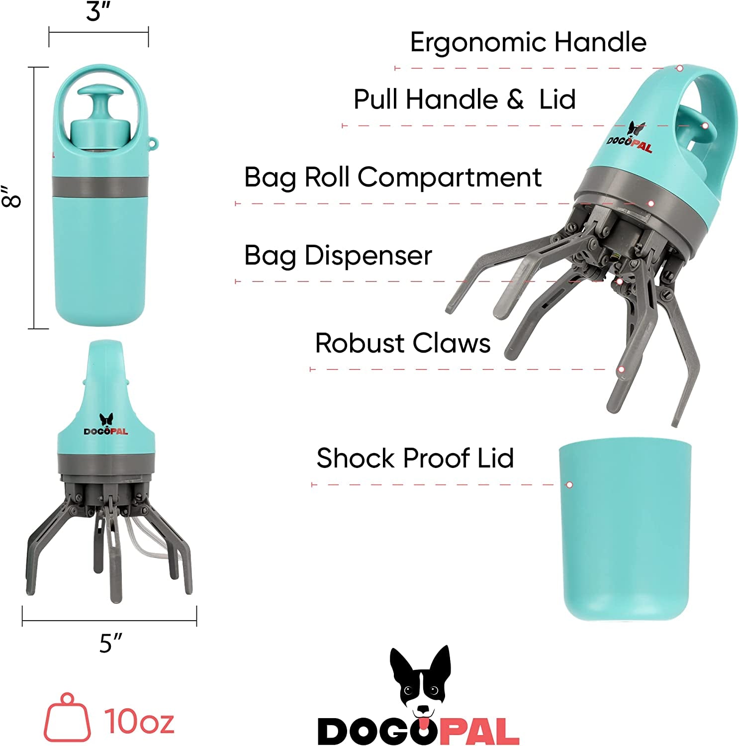 360 Dog Pooper Scooper with Built-In Poop Bag Dispenser, Lightweight Claw Scooper