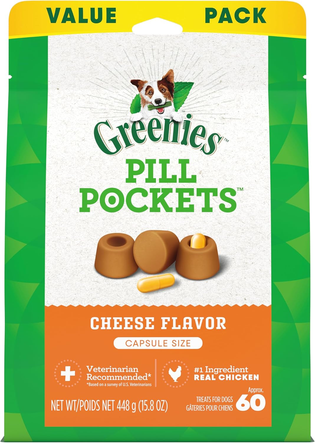 Greenies Pill Pockets Dog Treats, Cheese Flavor, Natural Soft Capsule-Size Treats for Dogs, for Easy Pill Administration