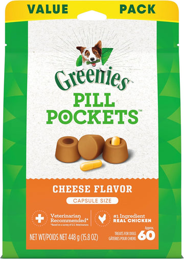 Greenies Pill Pockets Dog Treats, Cheese Flavor, Natural Soft Capsule-Size Treats for Dogs, for Easy Pill Administration