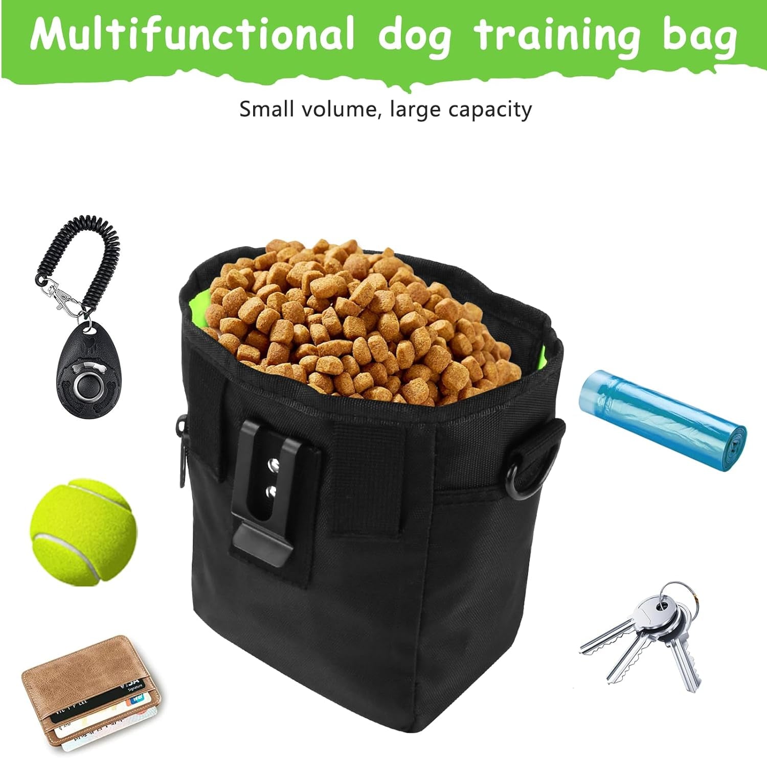 Dog Treat Pouch with Magnetic Closure, Built-In Poop Bag Dispenser, Includes Clicker, Hands-Free Design