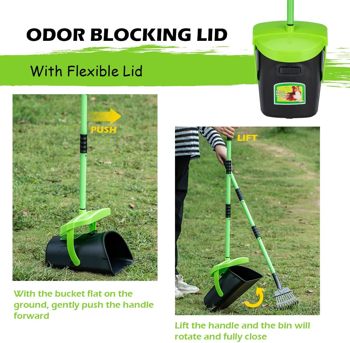 Pooper Scooper Swivel Bin & Rake Kit with Adjustable 36.6" Handle, Includes 20 Waste Bags