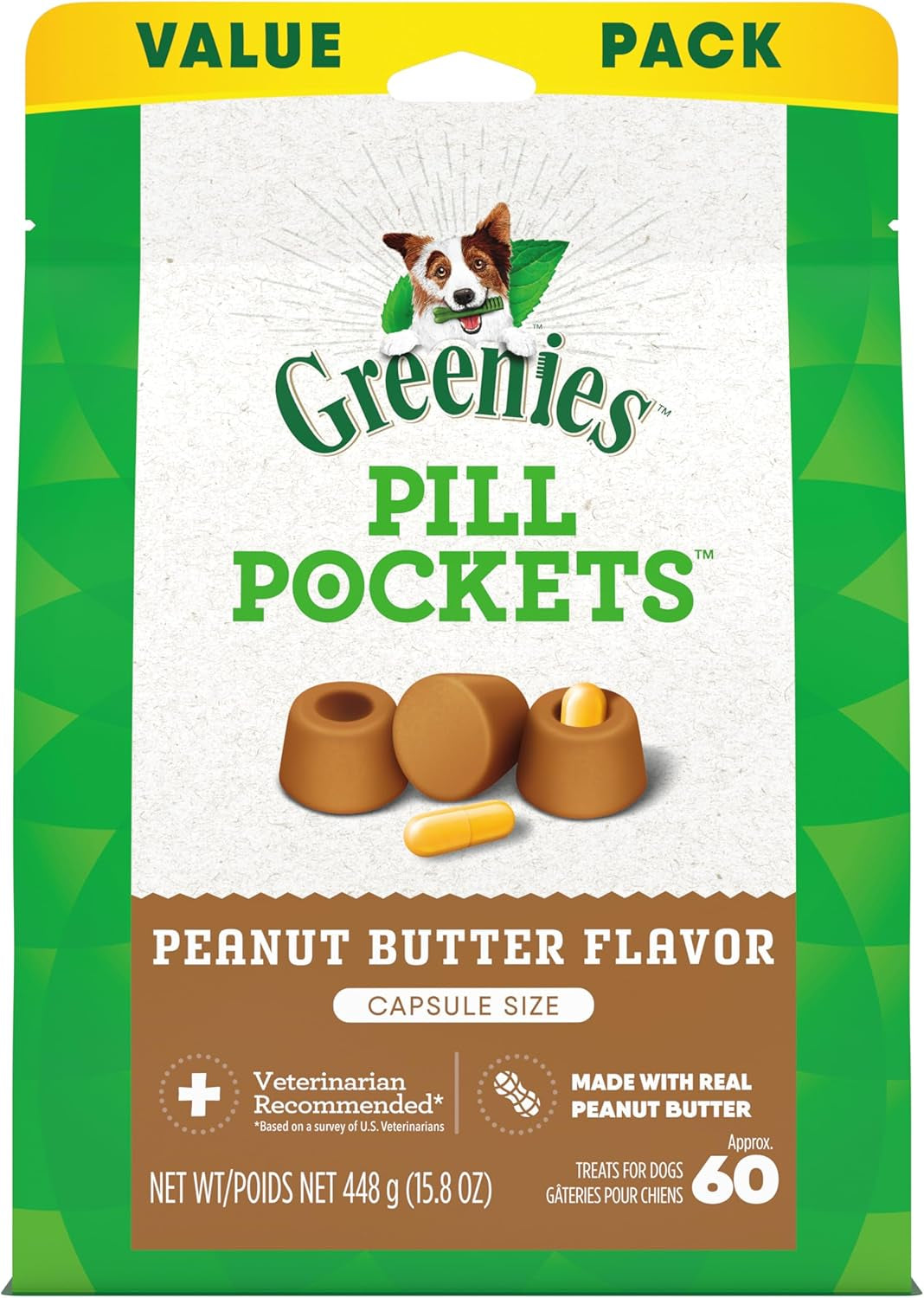 Greenies Pill Pockets for Dogs, Real Peanut Butter Flavor, Capsule Size Soft Treats, Easy-to-Give Pill-Hiding Dog Snacks