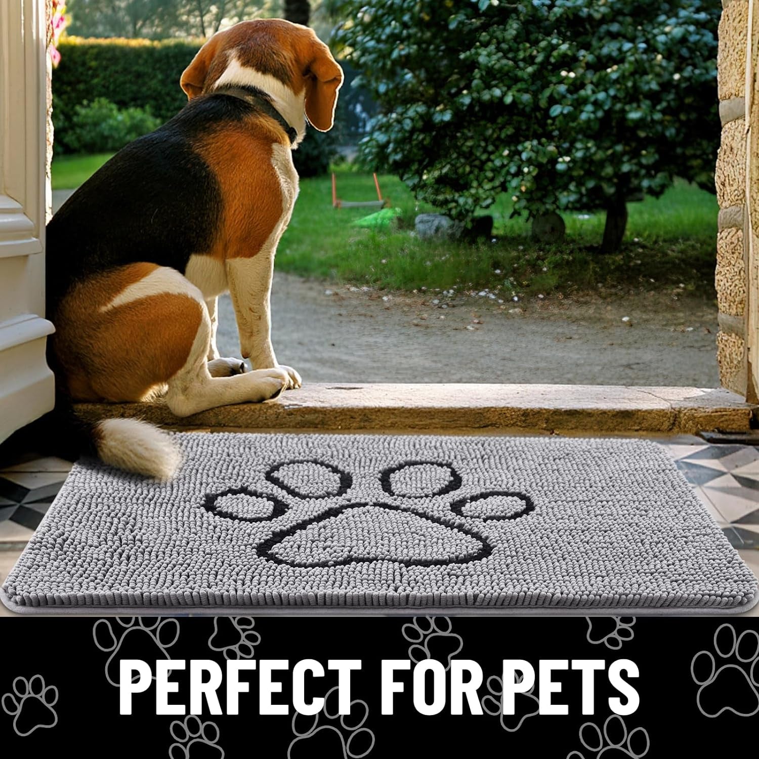 Absorbent Dog Door Mat for Muddy Paws, Non-Slip & Quick Dry Chenille, Washable, Traps Dirt & Moisture