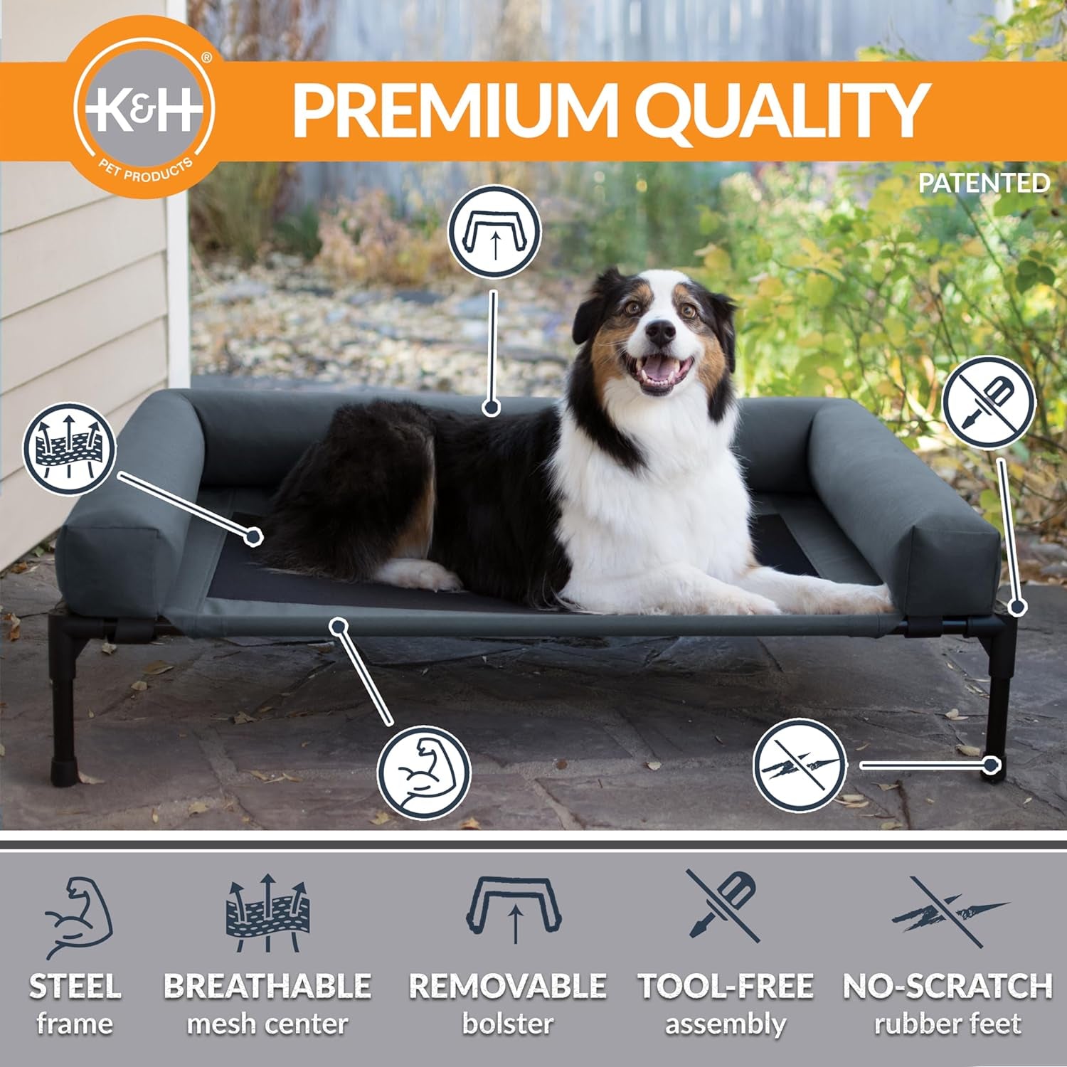 K&H Pet Products Bolster Dog Cot - Cooling, Elevated Bed with Removable Bolsters, Large 30" x 42" - Charcoal