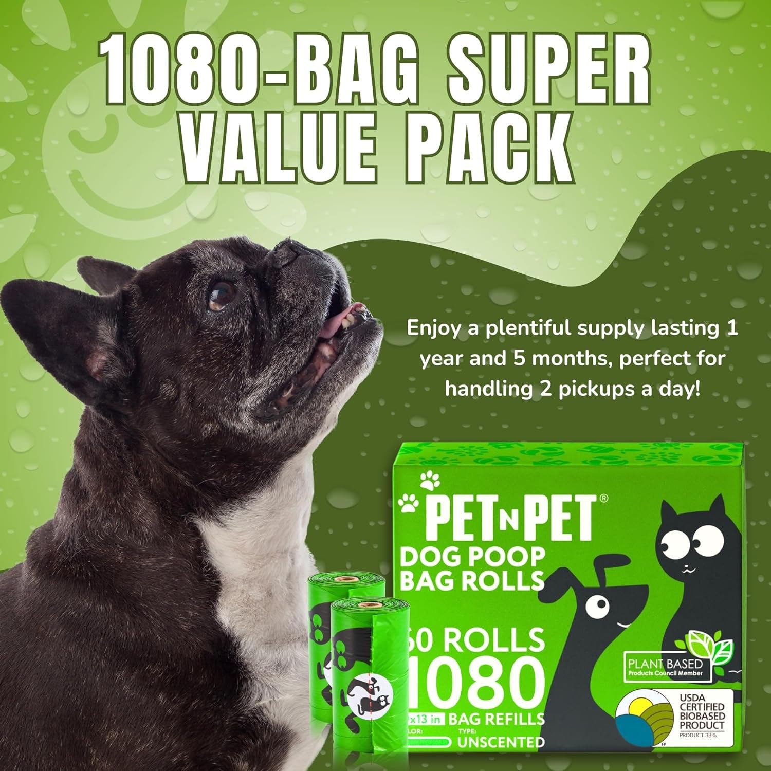 Dog Poop Bags - 38% Plant-Based, Leak-Proof, Unscented Waste Bags, Extra Thick