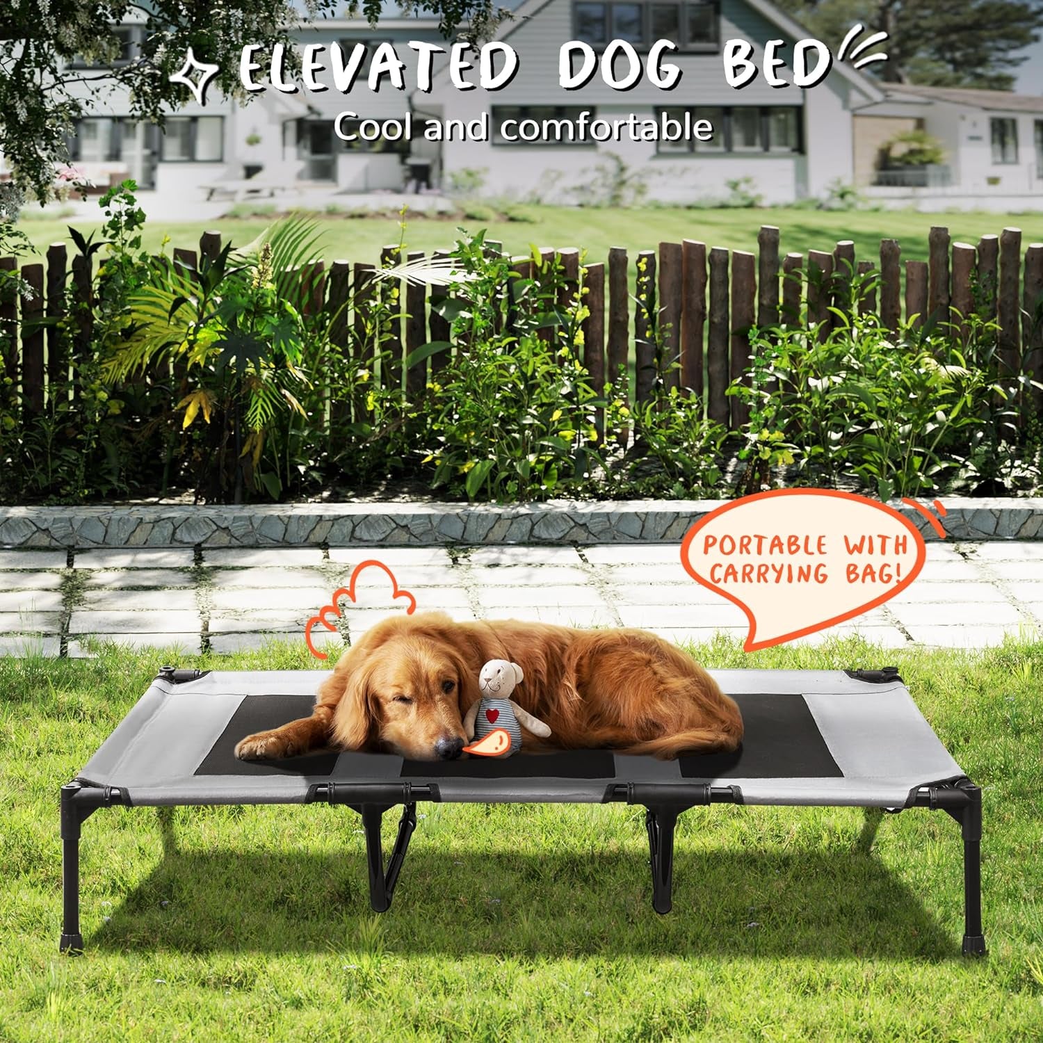 PRAISUN Large Outdoor Dog Bed - Elevated, Cooling, Portable with Oxford & Textilene Mesh