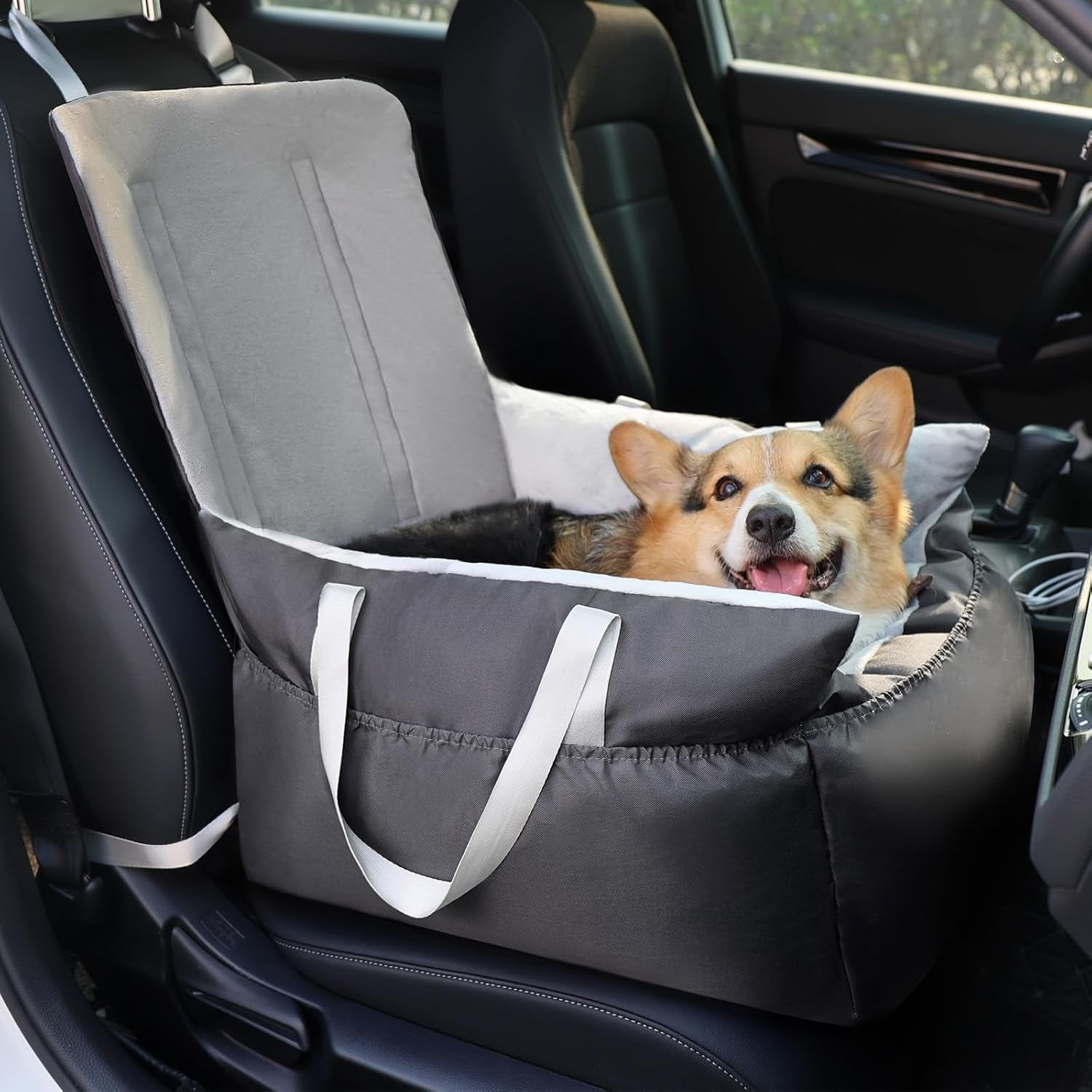 Dog Car Seat - Soft Booster Seat with Storage Pockets, Detachable & Washable Travel Bed, Clip-On Seat Belt