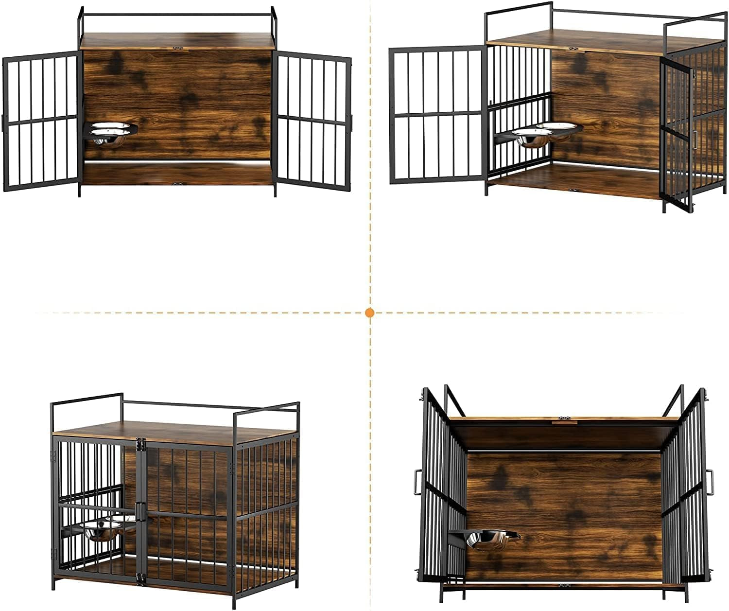 ROOMTEC Furniture Style Large Dog Crate with 360° Adjustable Feeder - Classic Brown End Table Crate with 2 Stainless Steel Bowls, 41"x24"x36"