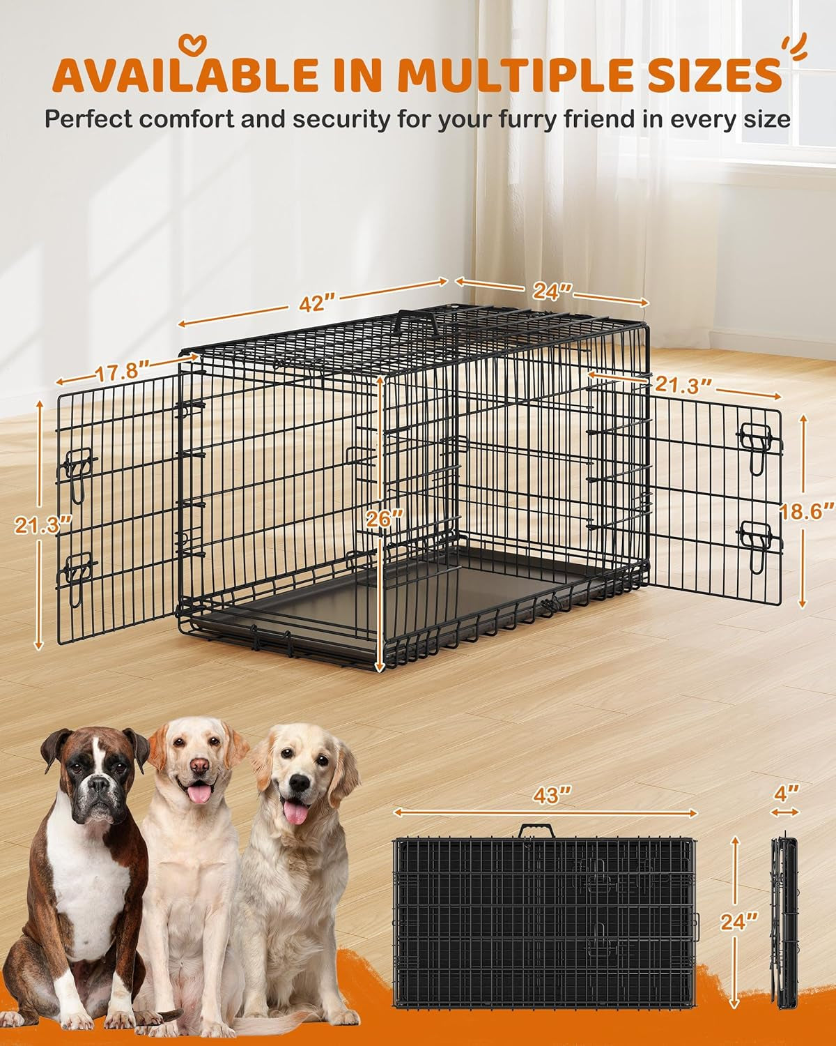 Yaheetech Double Door Collapsible Dog Crate - Portable Metal Crate with Divider and Removable Tray for Large Dogs