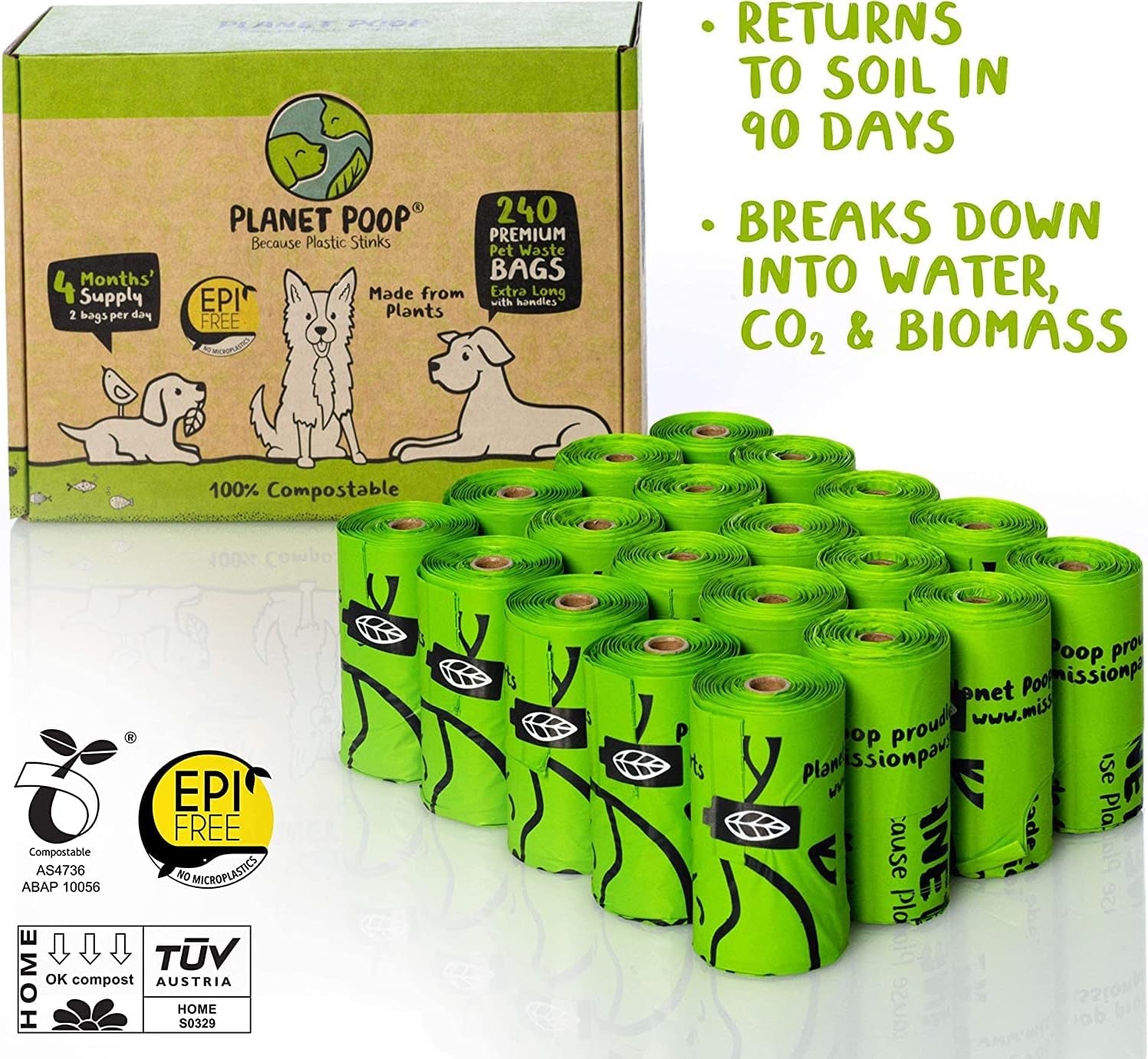 Compostable Dog Poop Bags, Extra Long with Handles, Leakproof & Plastic-Free, Eco-Friendly