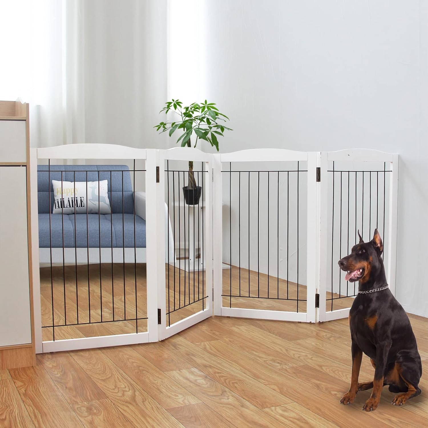 Freestanding Foldable Dog Gate - Extra Wide 3 Panel Wooden Pet Gate for Indoor Use, Tall Puppy Barrier for Doorways & Stairs