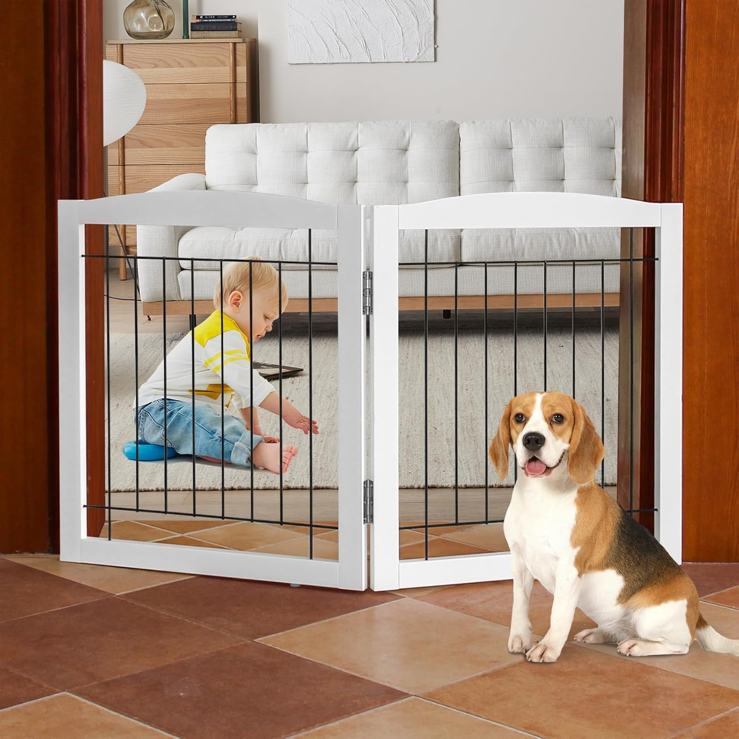 Freestanding Foldable Dog Gate - Extra Wide 3 Panel Wooden Pet Gate for Indoor Use, Tall Puppy Barrier for Doorways & Stairs