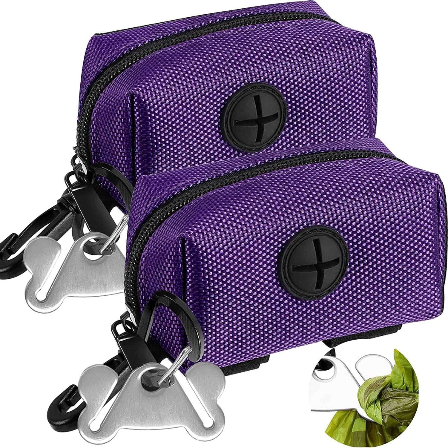 Dog Poop Bag Holder Set, Leash Attachment, Metal Carrier, Hands-Free Design - Black