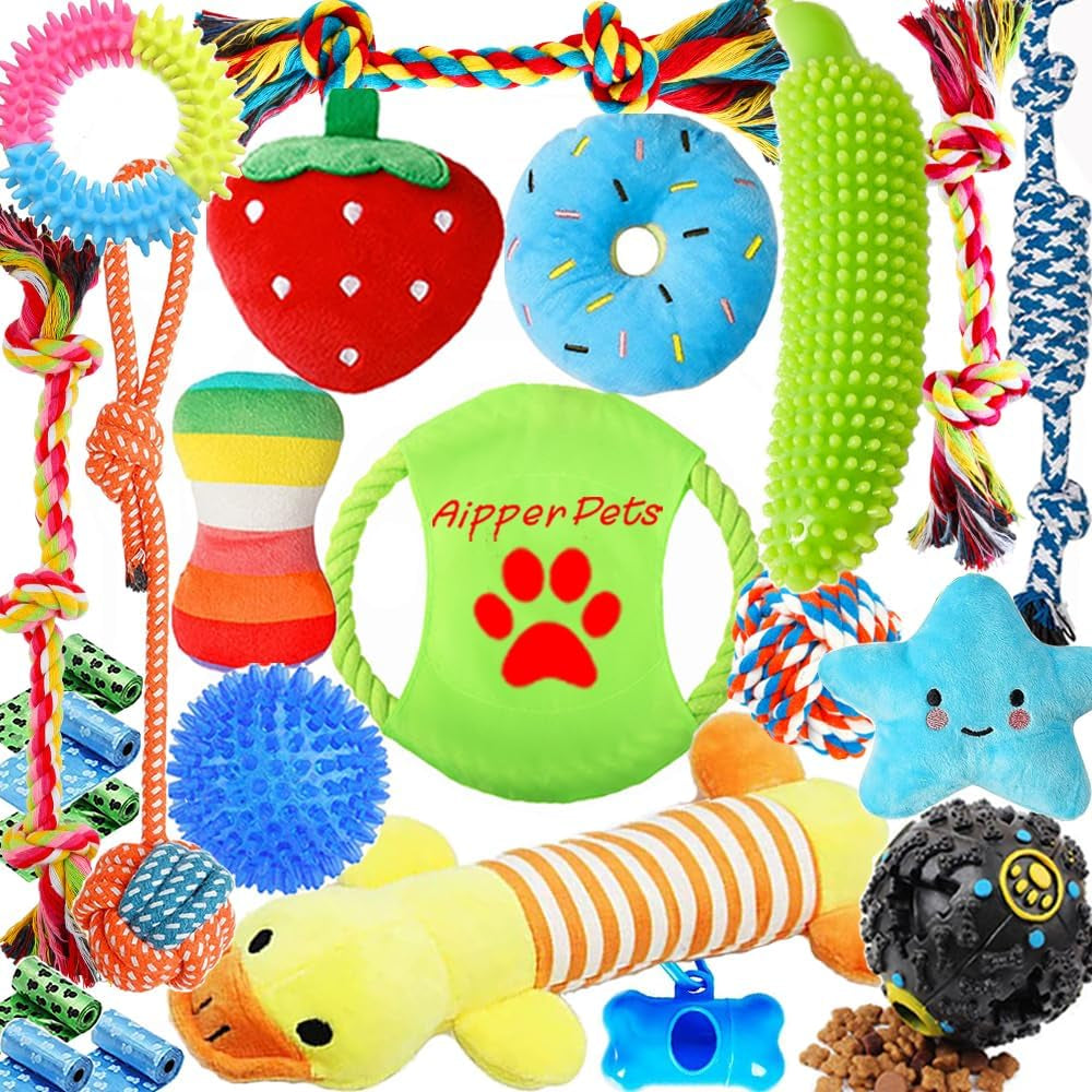 Dog Puppy 23-Pack Toys: Includes Chew, Squeak, Tug of War, and Treat Dispenser for Cleaning Teeth