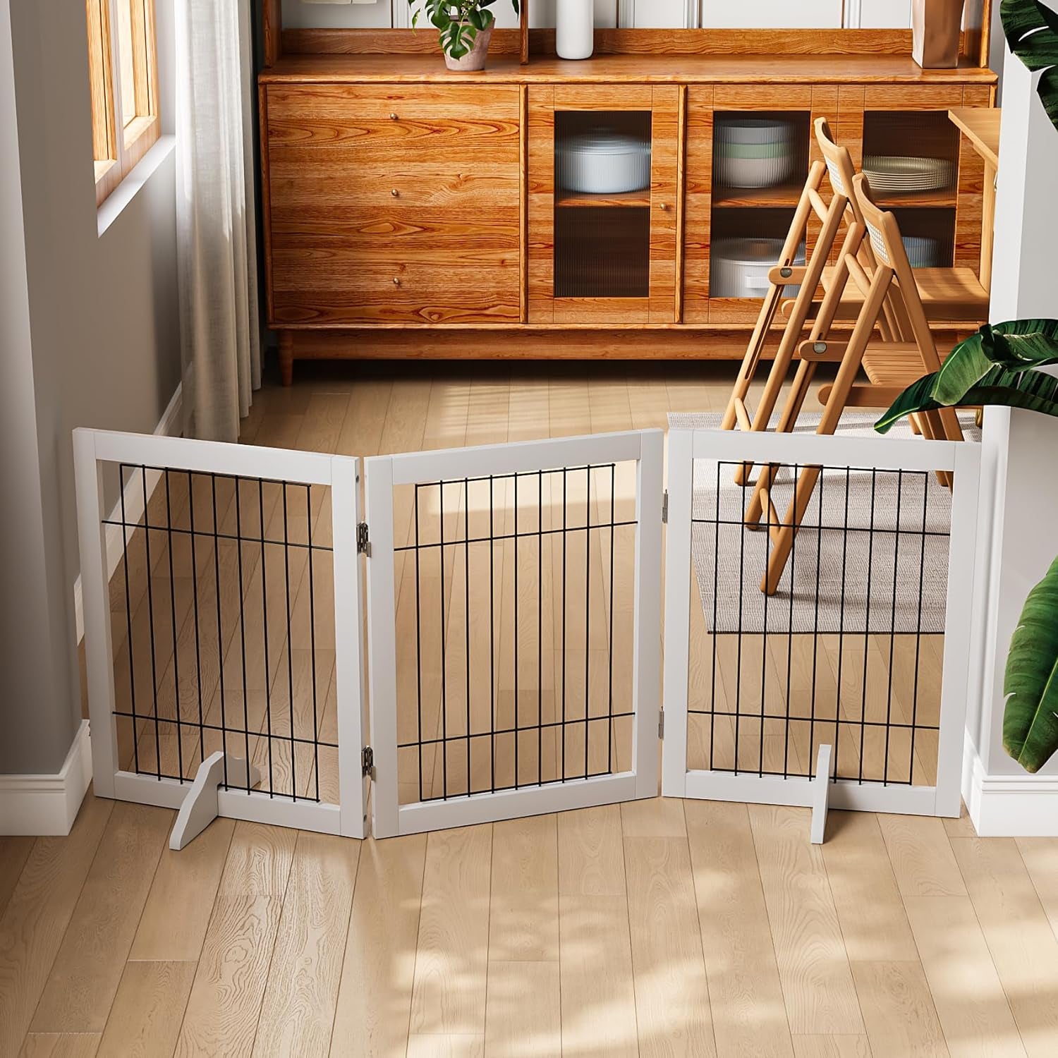 Wooden Foldable Dog Gate, Freestanding Multi-Panel Indoor Pet Gate, Extra Wide 24" Tall Dog Barrier