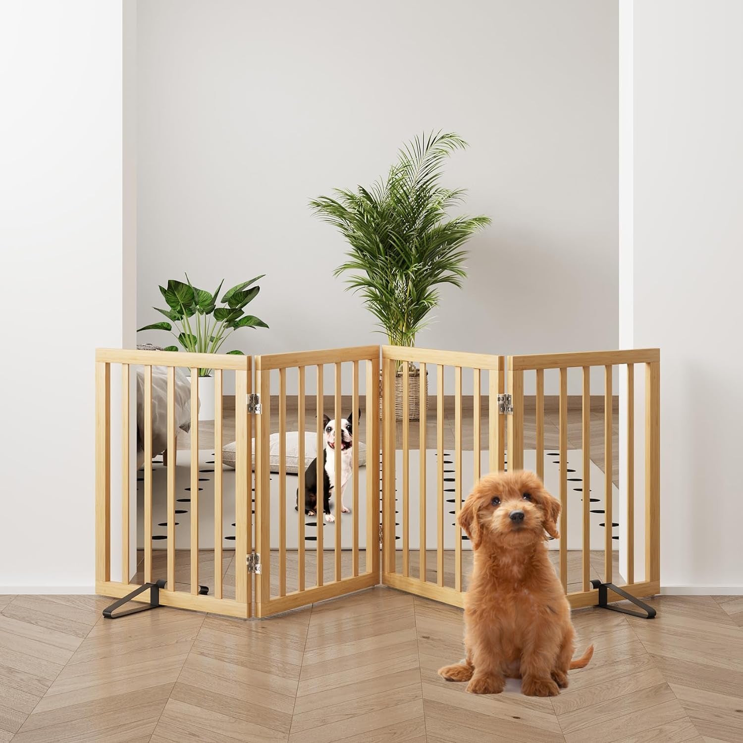 Wooden Foldable Dog Gate, Freestanding Multi-Panel Indoor Pet Gate, Extra Wide 24" Tall Dog Barrier