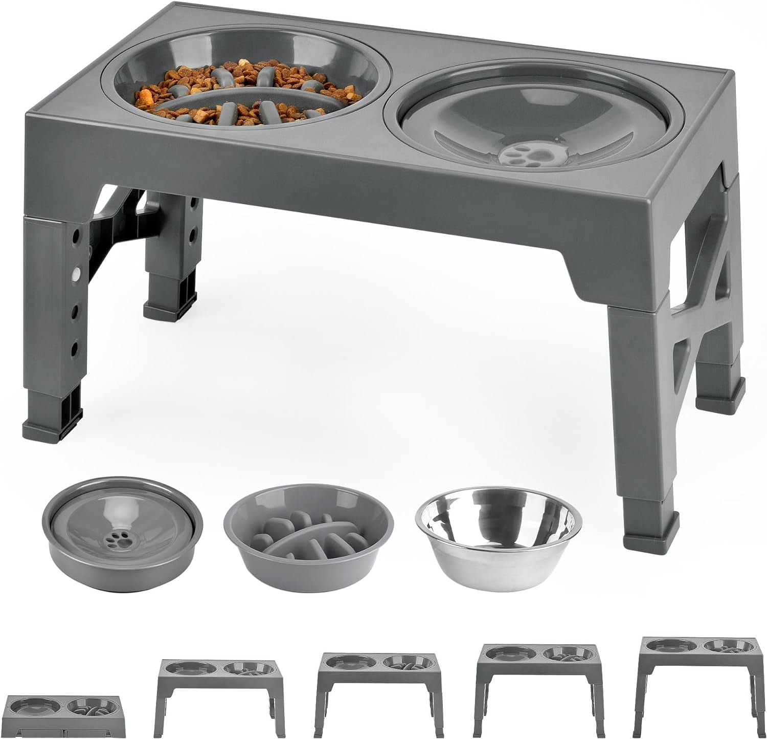 Adjustable Elevated Dog Bowls - Includes 2 Stainless Steel & 1 Slow Feeder Bowl, 5 Height Options, Grey