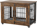 Wooden Dog Crate Furniture with Cushion – Stylish Double-Door Indoor Kennel, Wheeled Side Table for Small-Medium Dogs Up to 45 Lbs