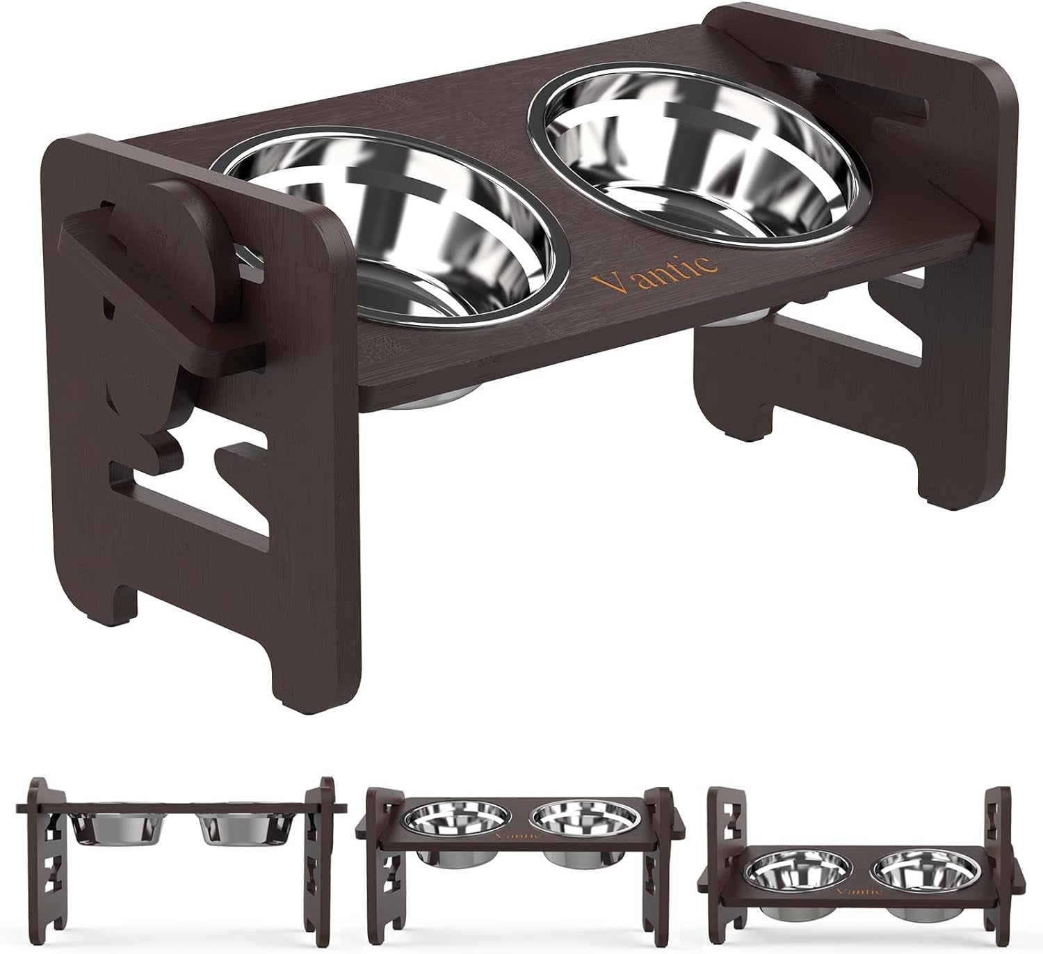 Vantic Adjustable Elevated Dog Bowls - Rustic Brown Particle Board Stand with 2 Stainless Steel Bowls & Non-Slip Feet,