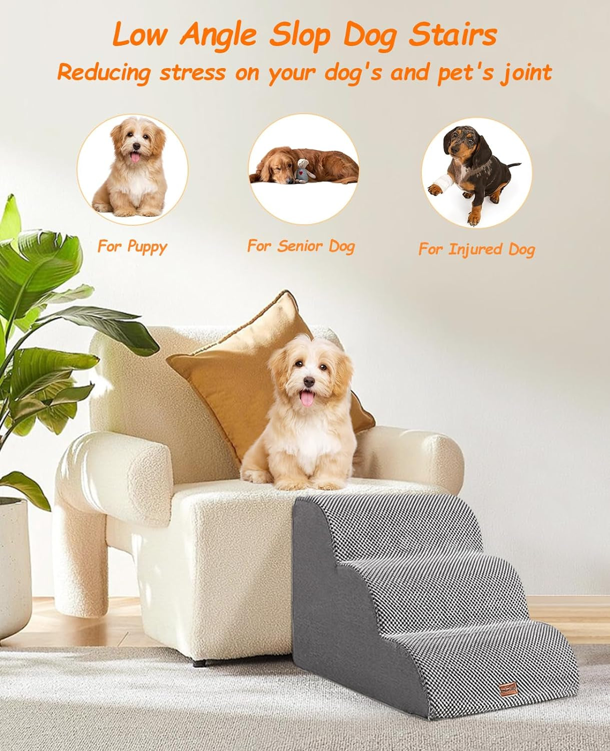 Dog Stairs 3-Step, Non-Slip for Small Dogs - Access Bed, Couch Easily - Indoor/Outdoor