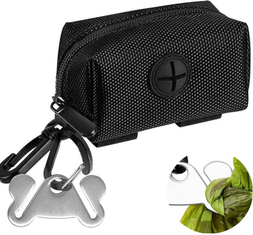 Dog Poop Bag Holder Set, Leash Attachment, Metal Carrier, Hands-Free Design - Black