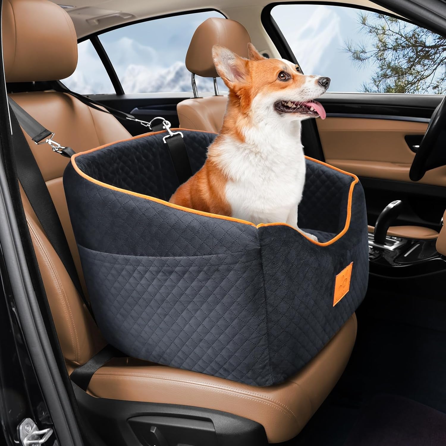 Memory Foam Dog Car Seat for Small Dogs Up to 35 lbs - Elevated Travel Booster Seat with Washable Cover & Storage Pockets, Black/Gray