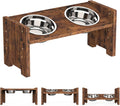 Vantic Adjustable Elevated Dog Bowls - Rustic Brown Particle Board Stand with 2 Stainless Steel Bowls & Non-Slip Feet,