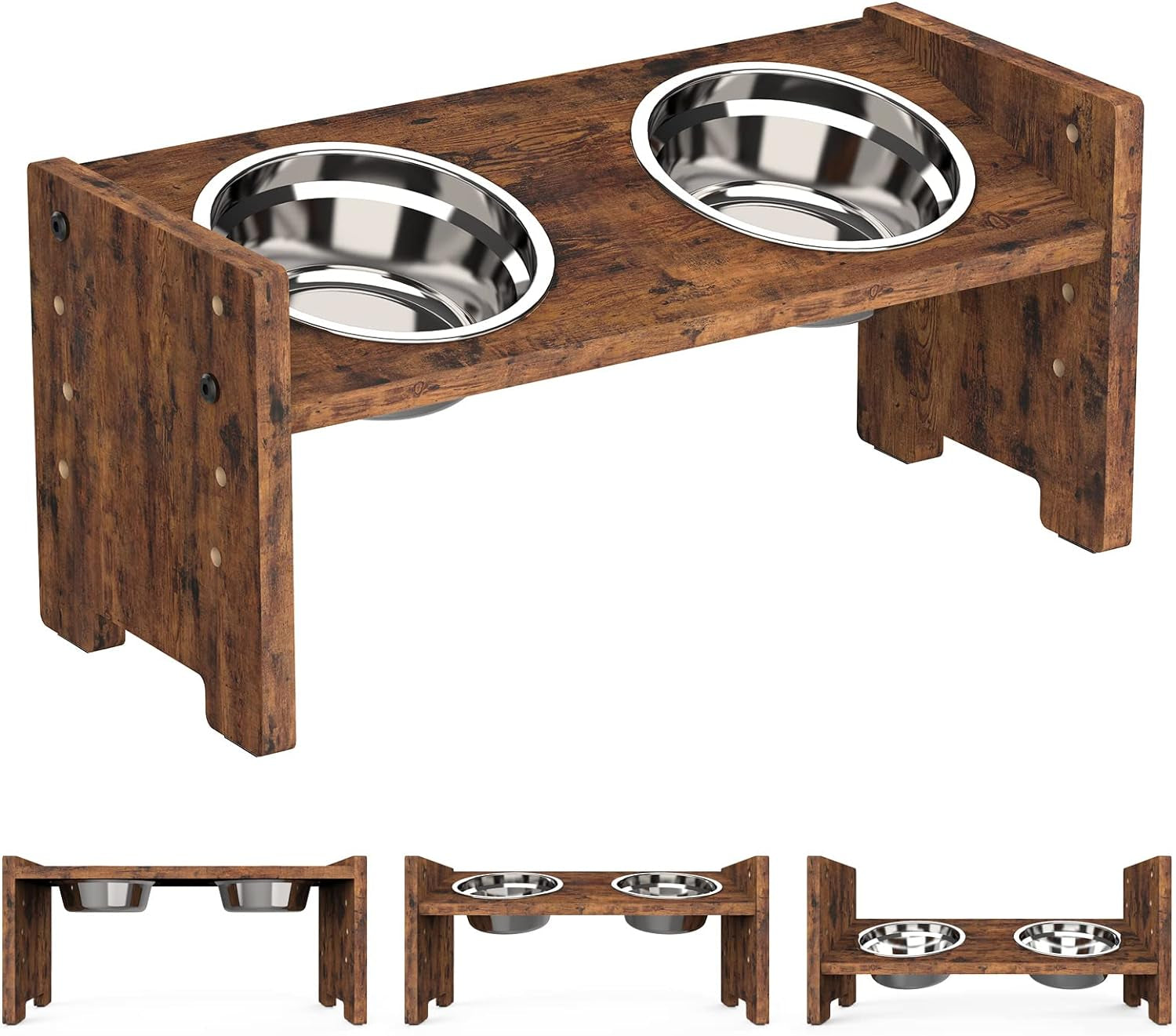 Vantic Adjustable Elevated Dog Bowls - Rustic Brown Particle Board Stand with 2 Stainless Steel Bowls & Non-Slip Feet,