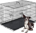 FDW Folding Metal Dog Crate with Double Door, Divider Panel & Leak-Proof Tray - Portable Kennel for Large Dogs,